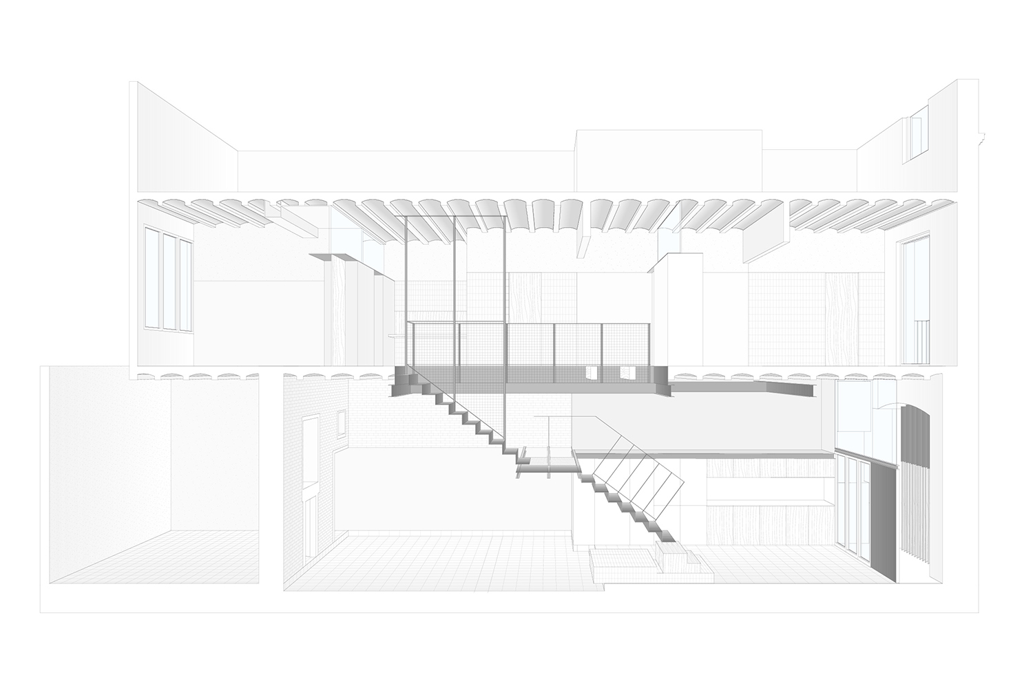 CRU innovative house renovation project in Barcelona. La Diana, a transformed local into a ground floor residence with two floors.