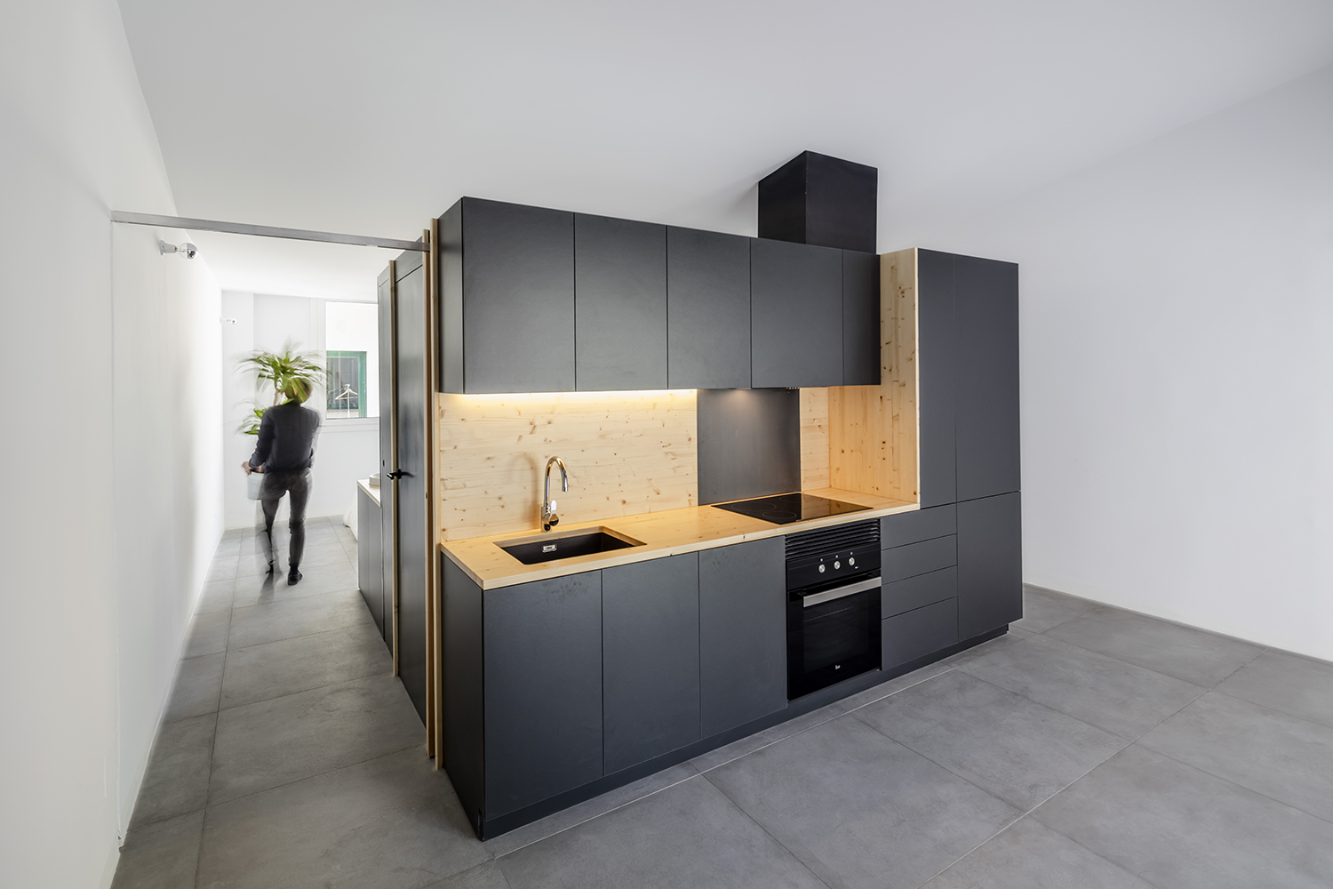 CRU innovative flat renovation project in Barcelona. La Olivia, a freestanding box that acts as a filter between the daytime and the night-time zones