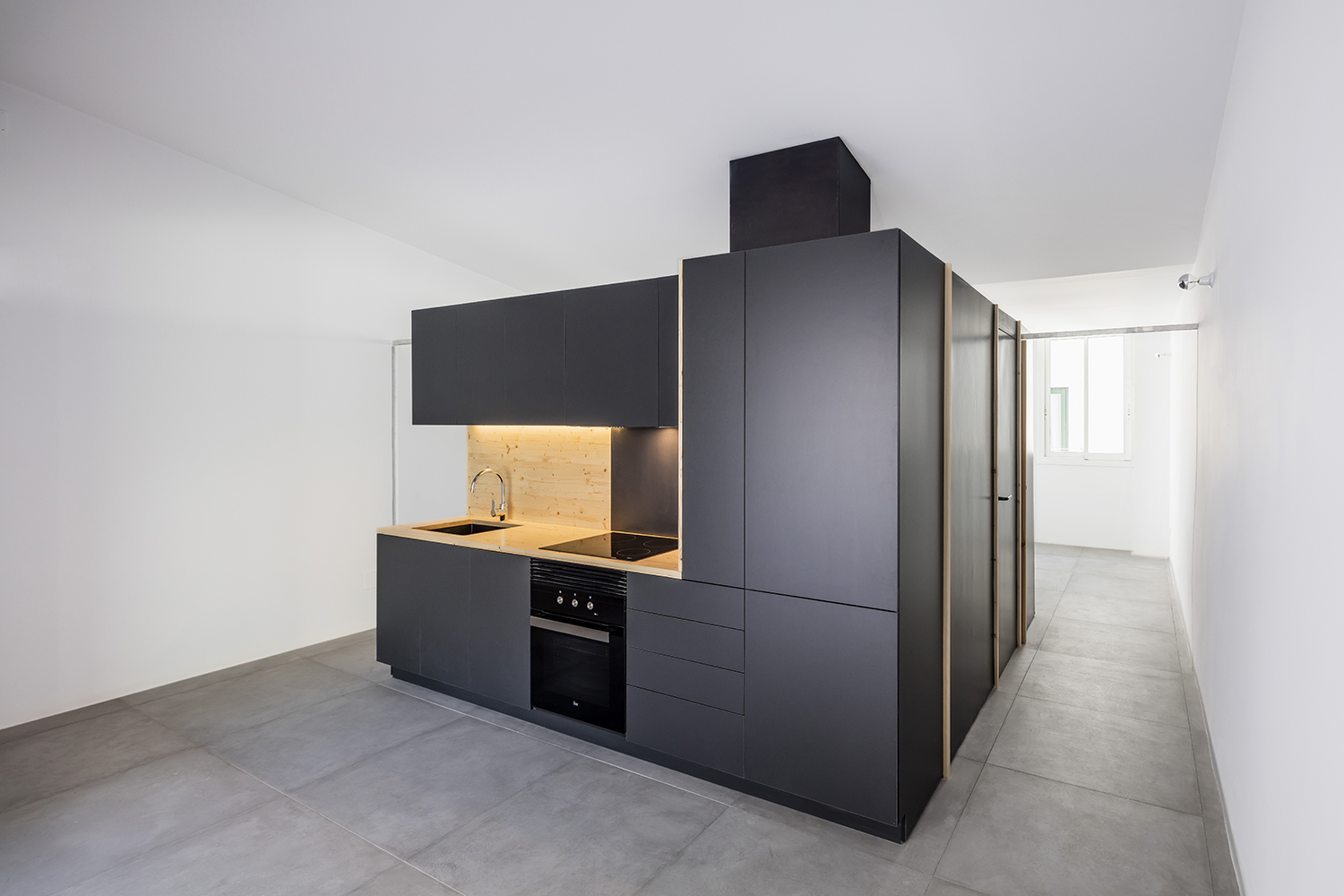 CRU innovative flat renovation project in Barcelona. La Olivia, a freestanding box that acts as a filter between the daytime and the night-time zones