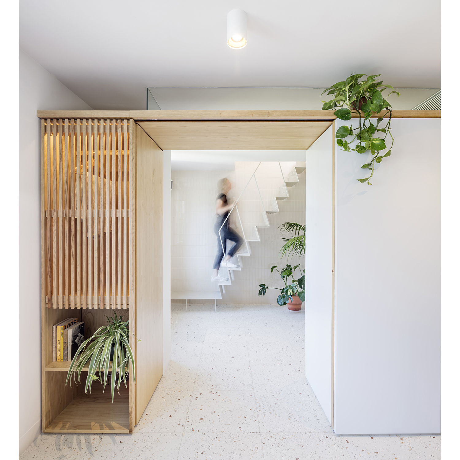 CRU innovative flat renovation project in Barcelona. La Fleur, micro-apartment with an upper terrace accessible from a retractable staircase